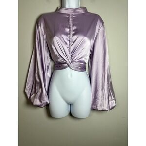 EVENUEL Satin Twist-Front Puff Sleeve Blouse in Lilac Tulle Reinforced Sleeves S